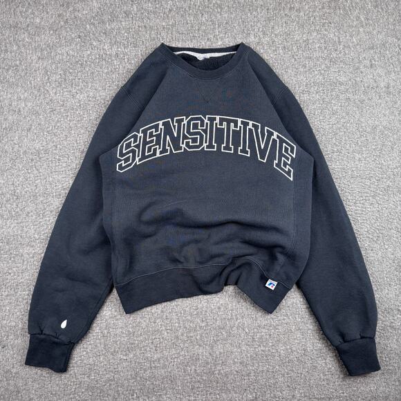 Vintage‎ Russell Sensitive Sweatshirt Mens Small Black Athletic ESC Pullover Y2K - Picture 1 of 6